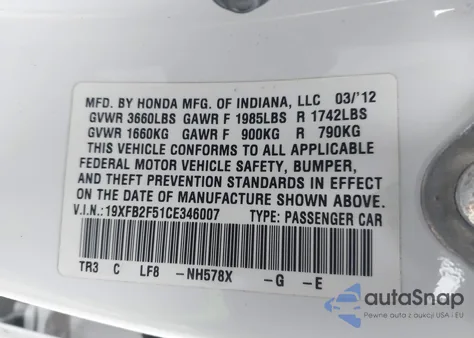 2012 Honda Civic Lx z USA, uszkodzony, nr VIN 19XFB2F51CE346007
